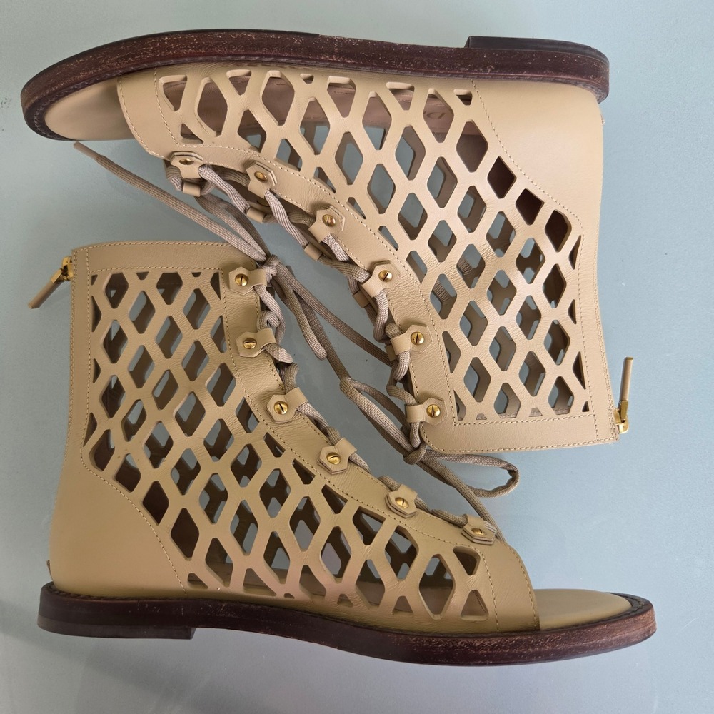 Christian Dior Beige Leather Laser Cut Gladiator Flat Sandals Lace Up Zip 37.5 - Picture 11 of 14